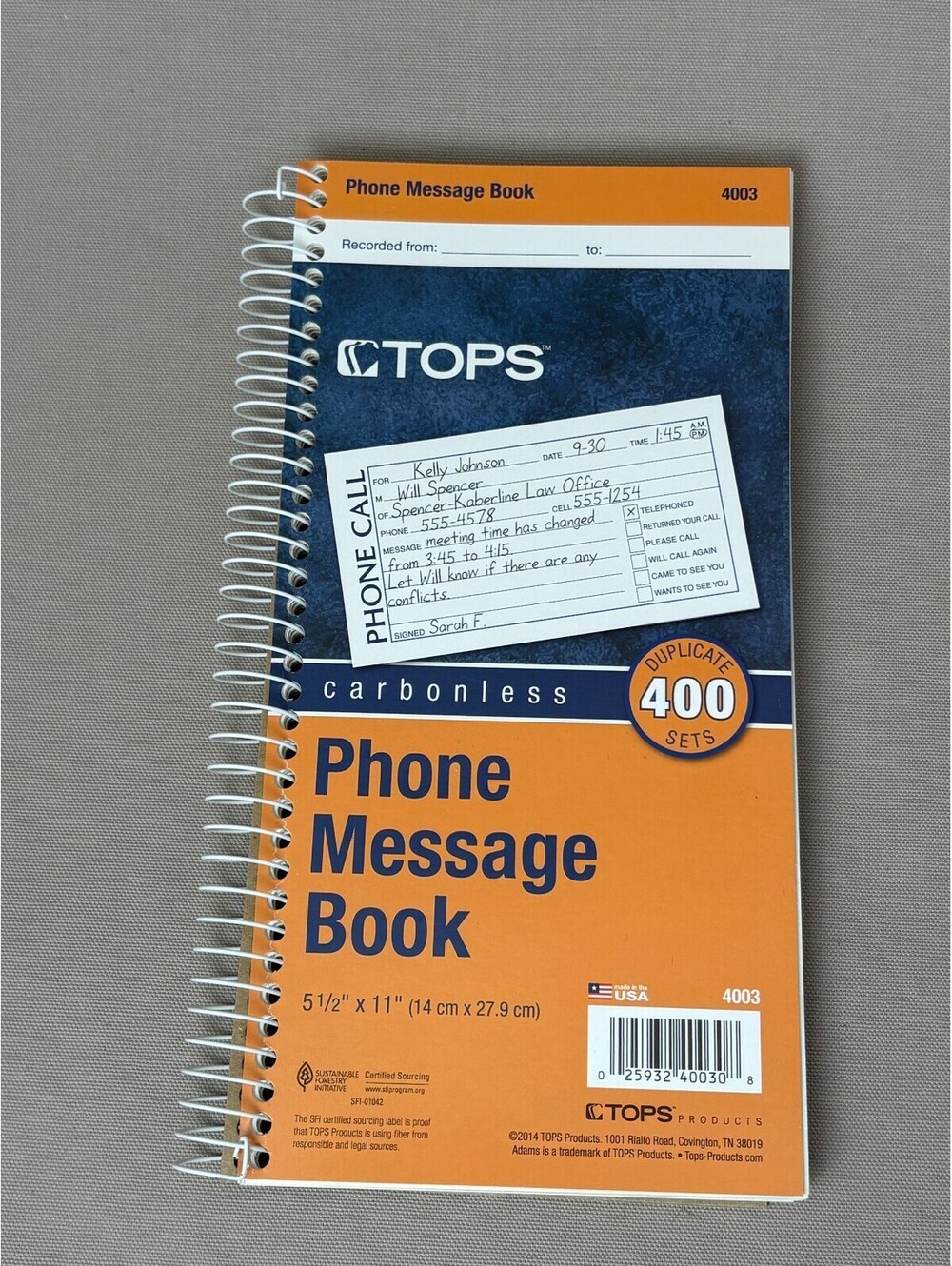 TOPS 4003 Carbonless Phone Message Book Spiral 2 Part Duplicate 400 Sets - PAIR